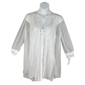 NWT Cinema Etoile Women L White Chiffon Robe Satin Babydoll Chemise Peignoir Set